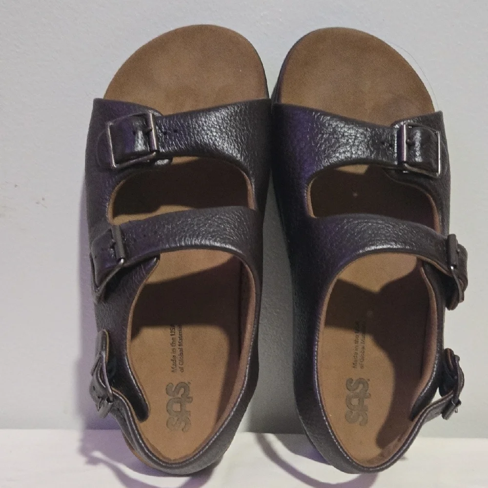 SAS Bravo Heel Strap Brown Pebbled Leather Sandals Women's Shoes US Sz 9 1/2 W